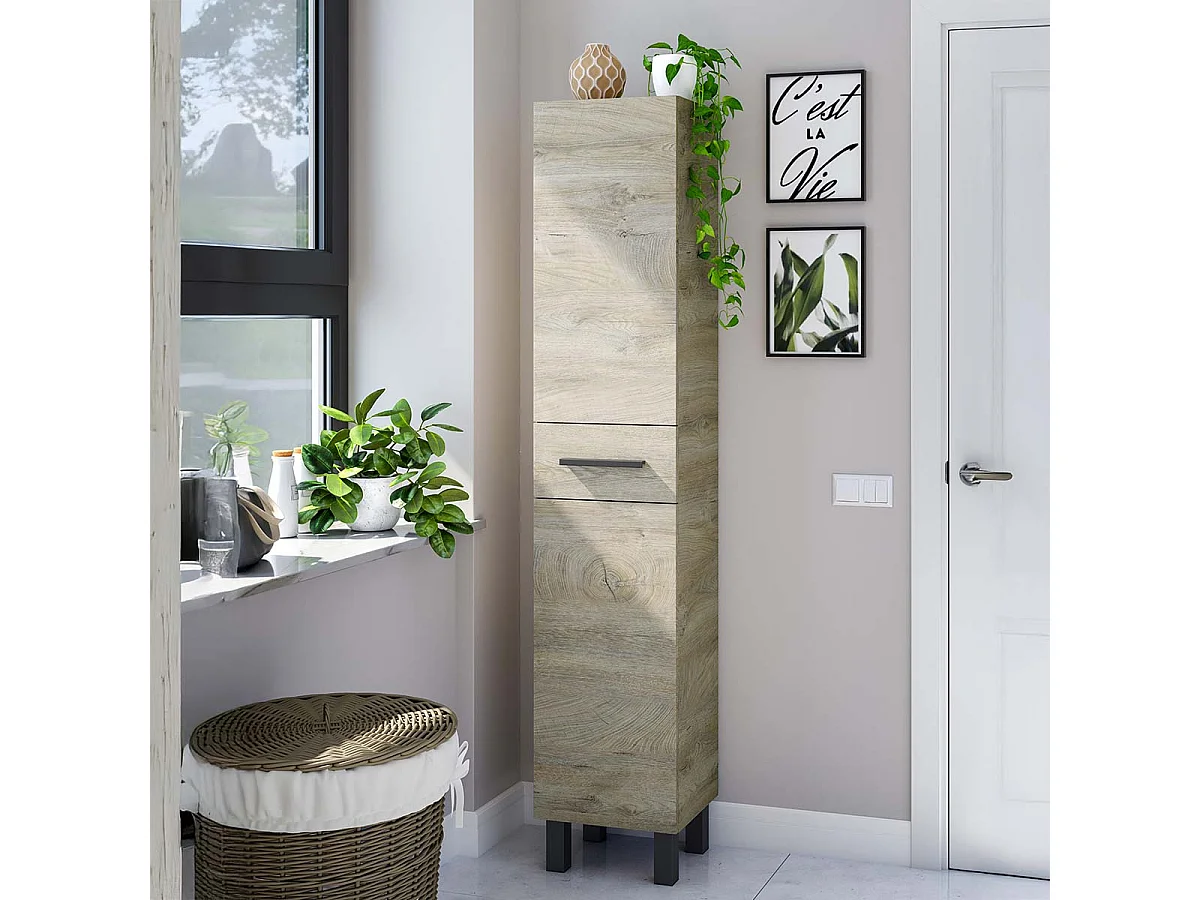 Colonne de salle de bain avec 2 portes et 1 tiroir coloris chêne - Longueur 35 x Hauteur 182  x Profondeur 30,5 cm