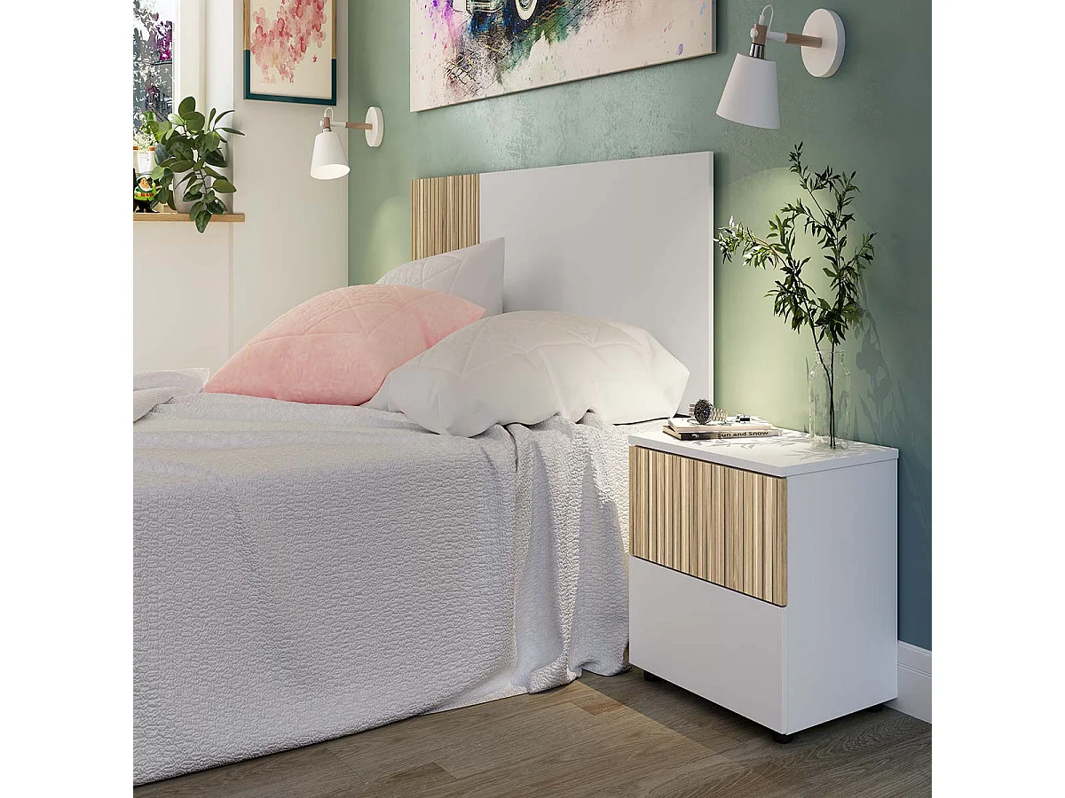 Table de chevet table de nuit de 2 tiroirs coloris Blanc/chêne - Longueur 50 x Profondeur 34 x Hauteur 41,5 cm