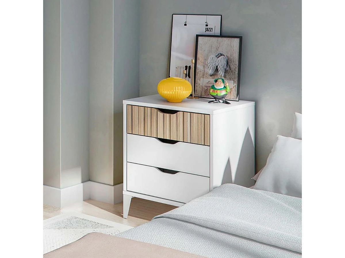 Table de nuit , Table de chevet de 3 tiroirs coloris Blanc/chêne - Longueur 44 x Profondeur 33 x Hauteur 50 cm