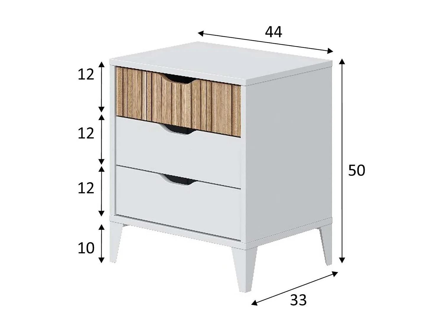 Table de nuit , Table de chevet de 3 tiroirs coloris Blanc/chêne - Longueur 44 x Profondeur 33 x Hauteur 50 cm