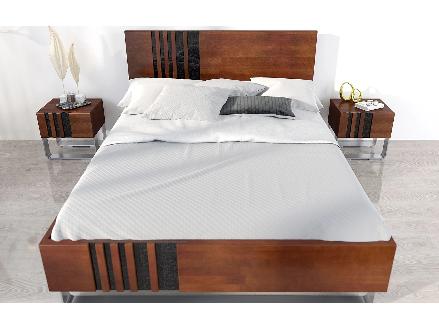 Massivholznachttisch Kielce mit metallfüßen, buche - lackiert, nussbaumfarbe, schwarz glas