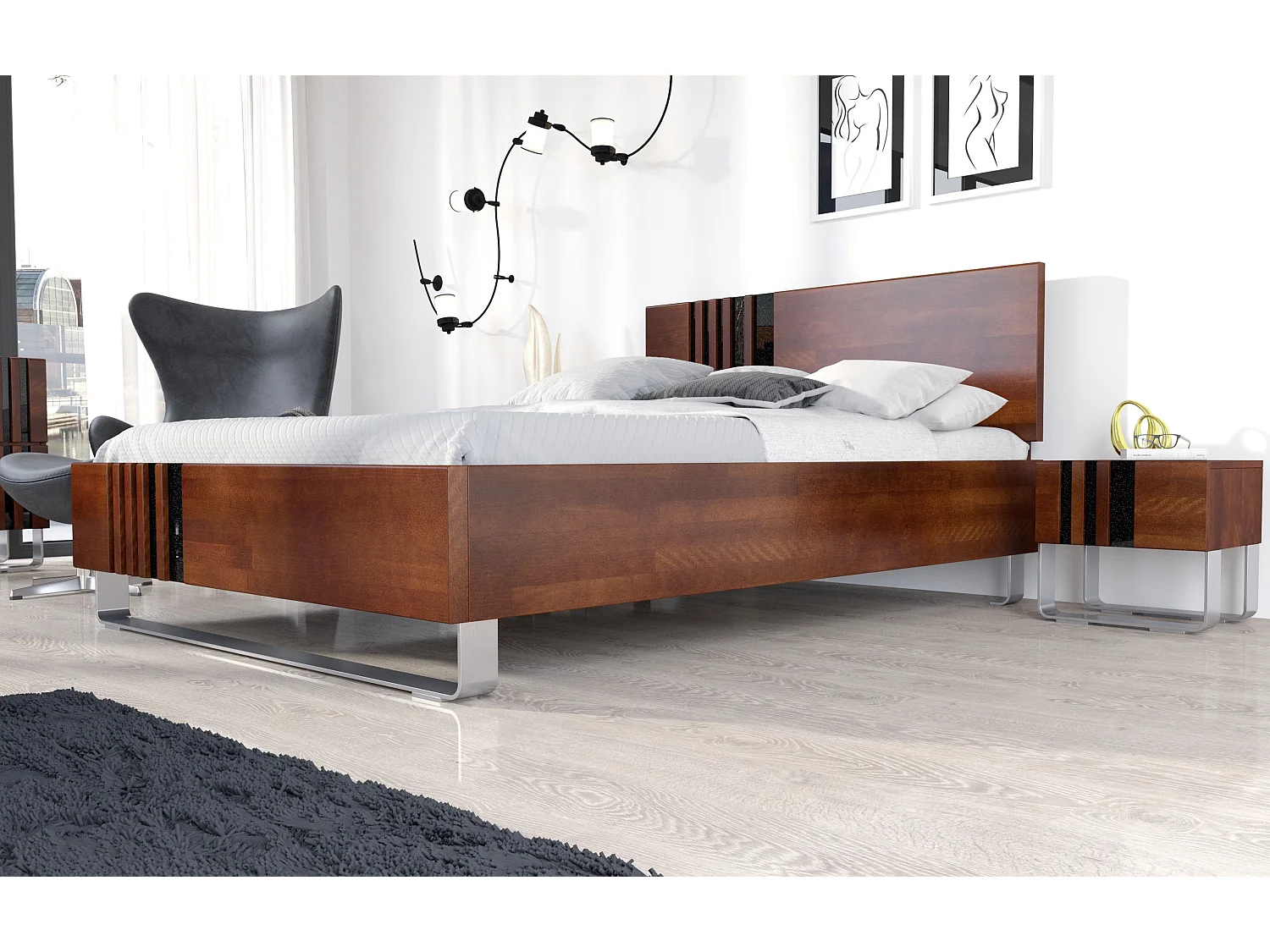 Massivholznachttisch Kielce mit metallfüßen, buche - lackiert, nussbaumfarbe, schwarz glas