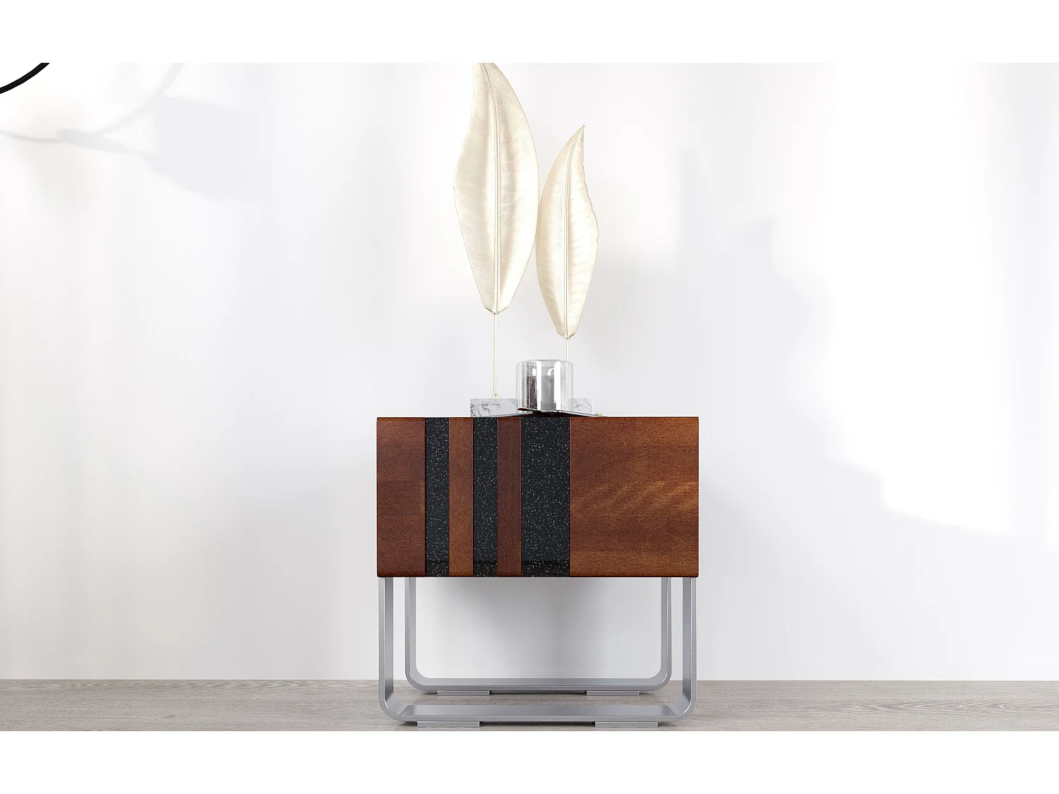 Massivholznachttisch Kielce mit metallfüßen, buche - lackiert, nussbaumfarbe, schwarz glas