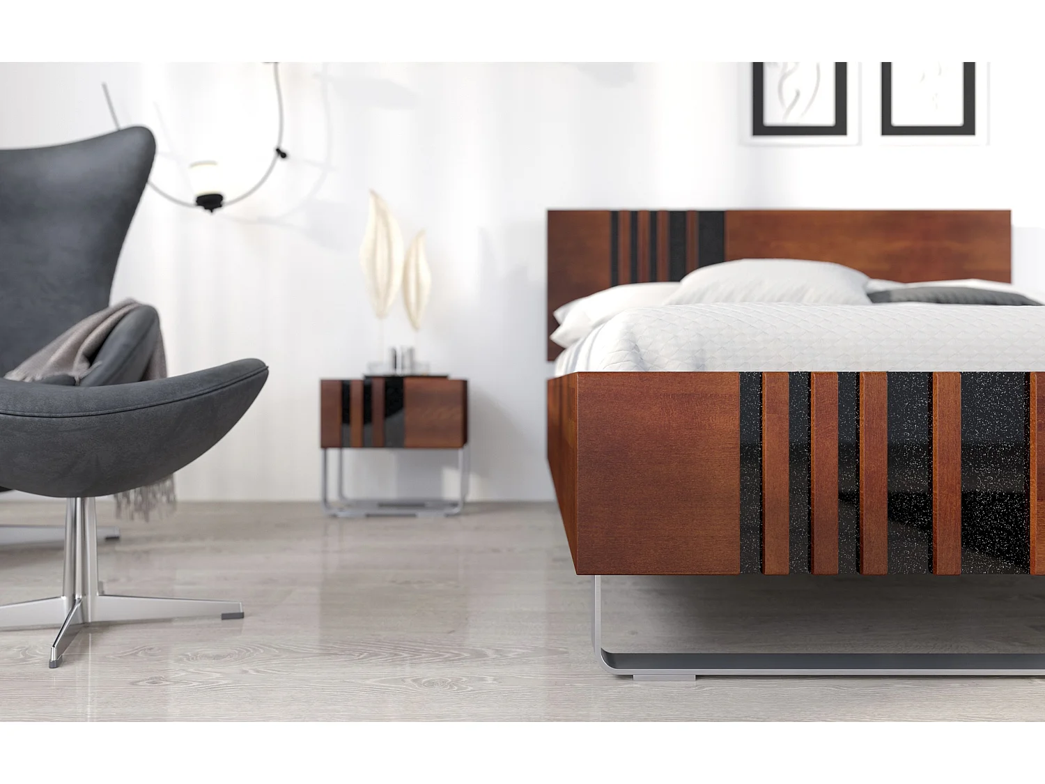 Massivholznachttisch Kielce mit metallfüßen, buche - lackiert, nussbaumfarbe, schwarz glas