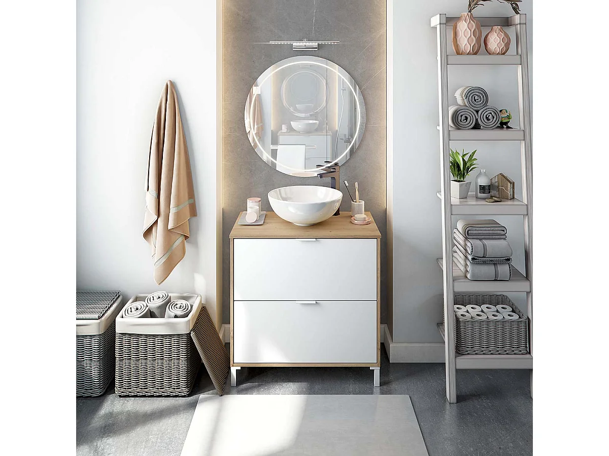 Meuble de salle de bain coloris Chêne / blanc brillant (Lavabo non inclus)- Longueur 79 x Hauteur 79 x Profondeur 45 cm
