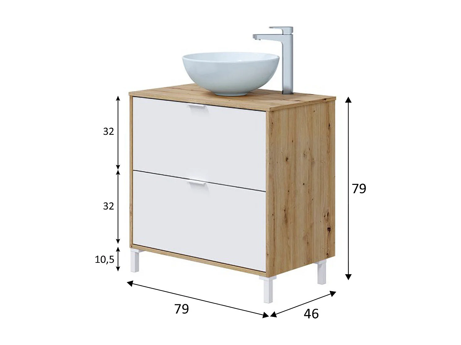 Meuble de salle de bain coloris Chêne / blanc brillant (Lavabo non inclus)- Longueur 79 x Hauteur 79 x Profondeur 45 cm