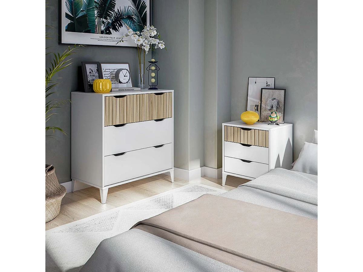 Commode meuble de rangement avec 3 tiroirs coloris Blanc/chêne - Longueur 70,5 X Profondeur 40 X Hauteur 76 cm