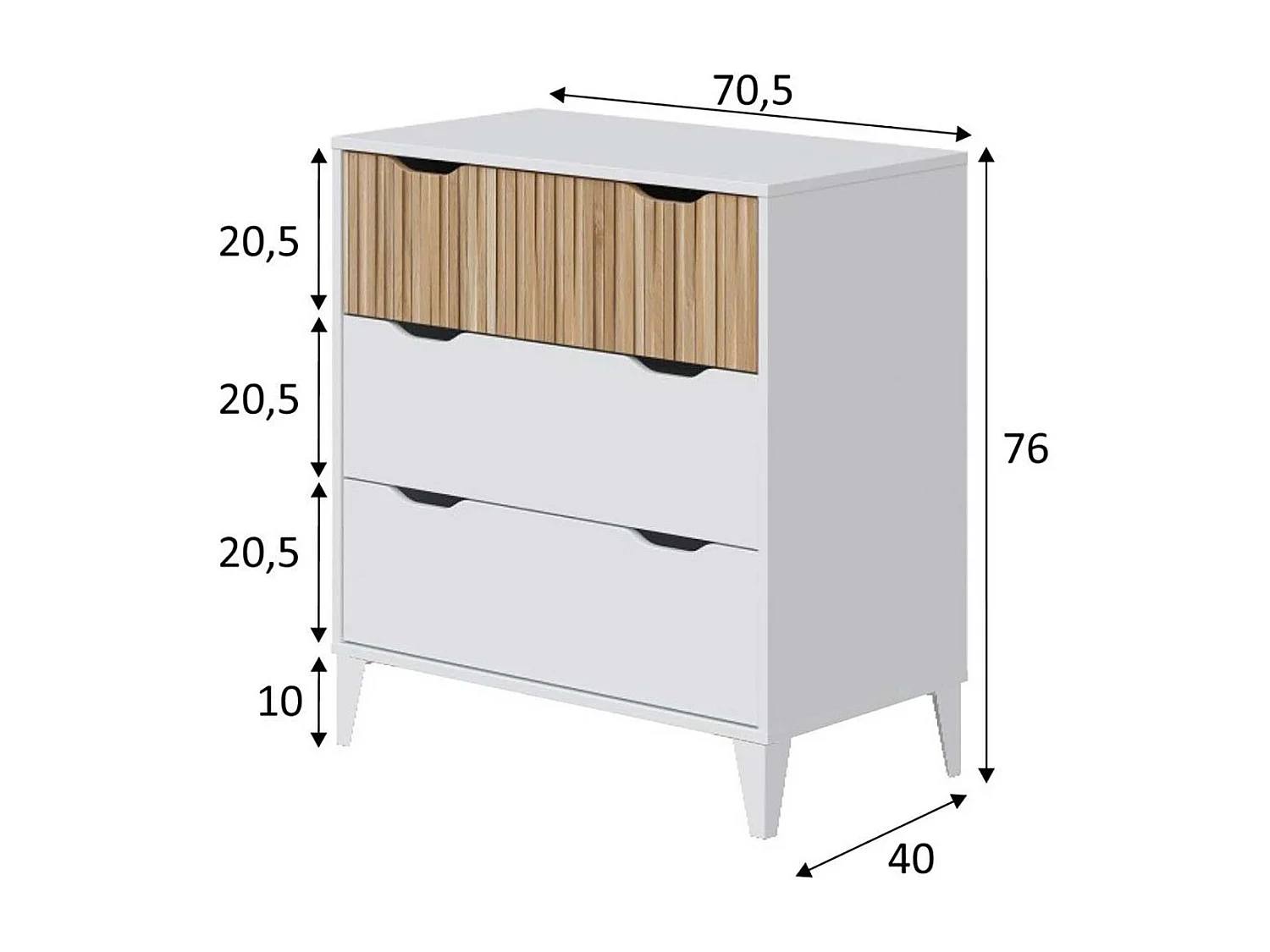 Commode meuble de rangement avec 3 tiroirs coloris Blanc/chêne - Longueur 70,5 X Profondeur 40 X Hauteur 76 cm