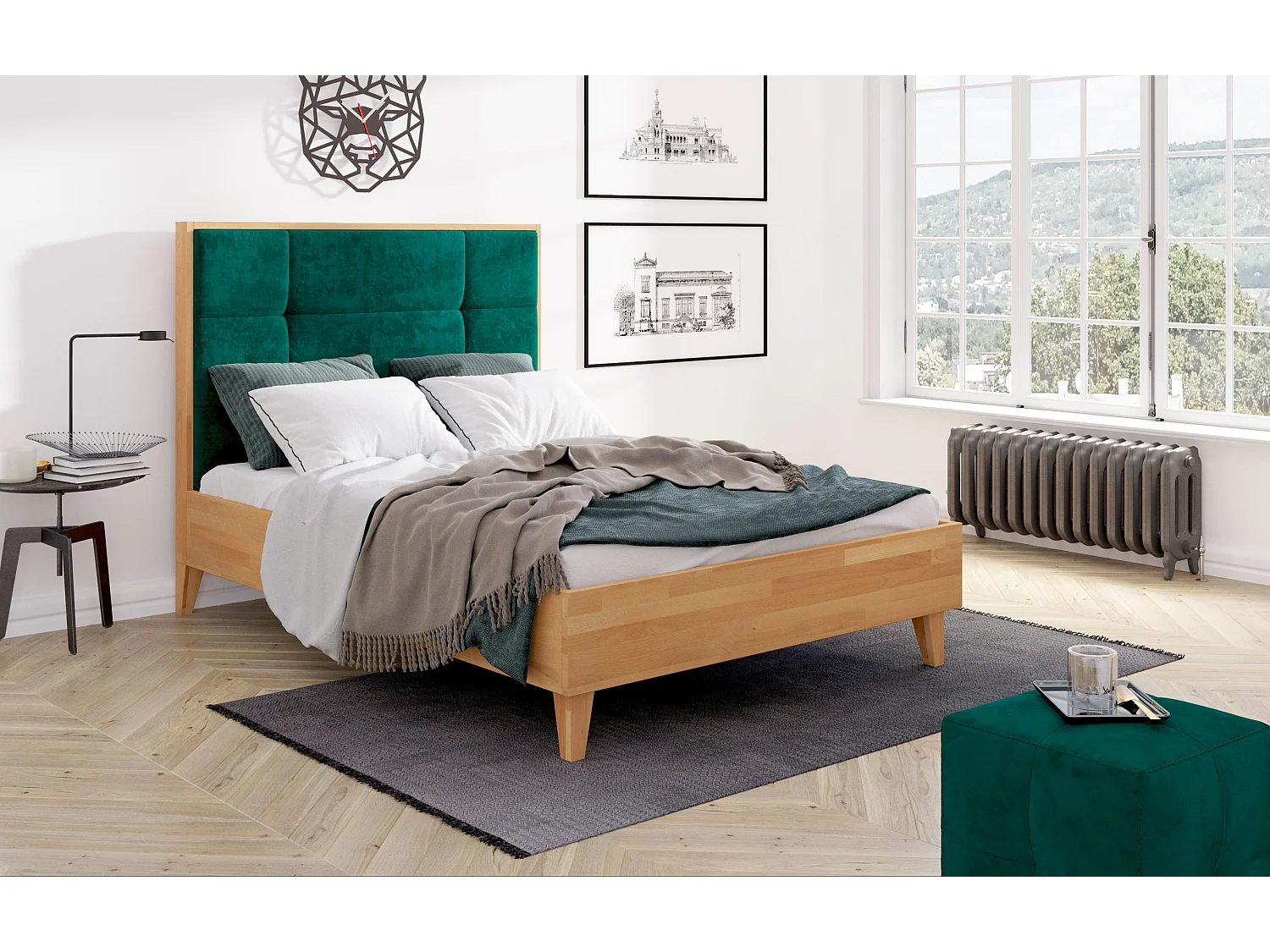 Massivholzbett Frida, gepolstertes kopfteil, buche - lackiert, naturfarben/grün, 140x200
