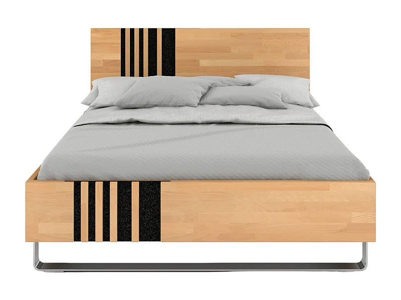 Massivholzbett Kielce mit metallfüßen, buche - lackiert, naturfarben, schwarz glas, 140x200