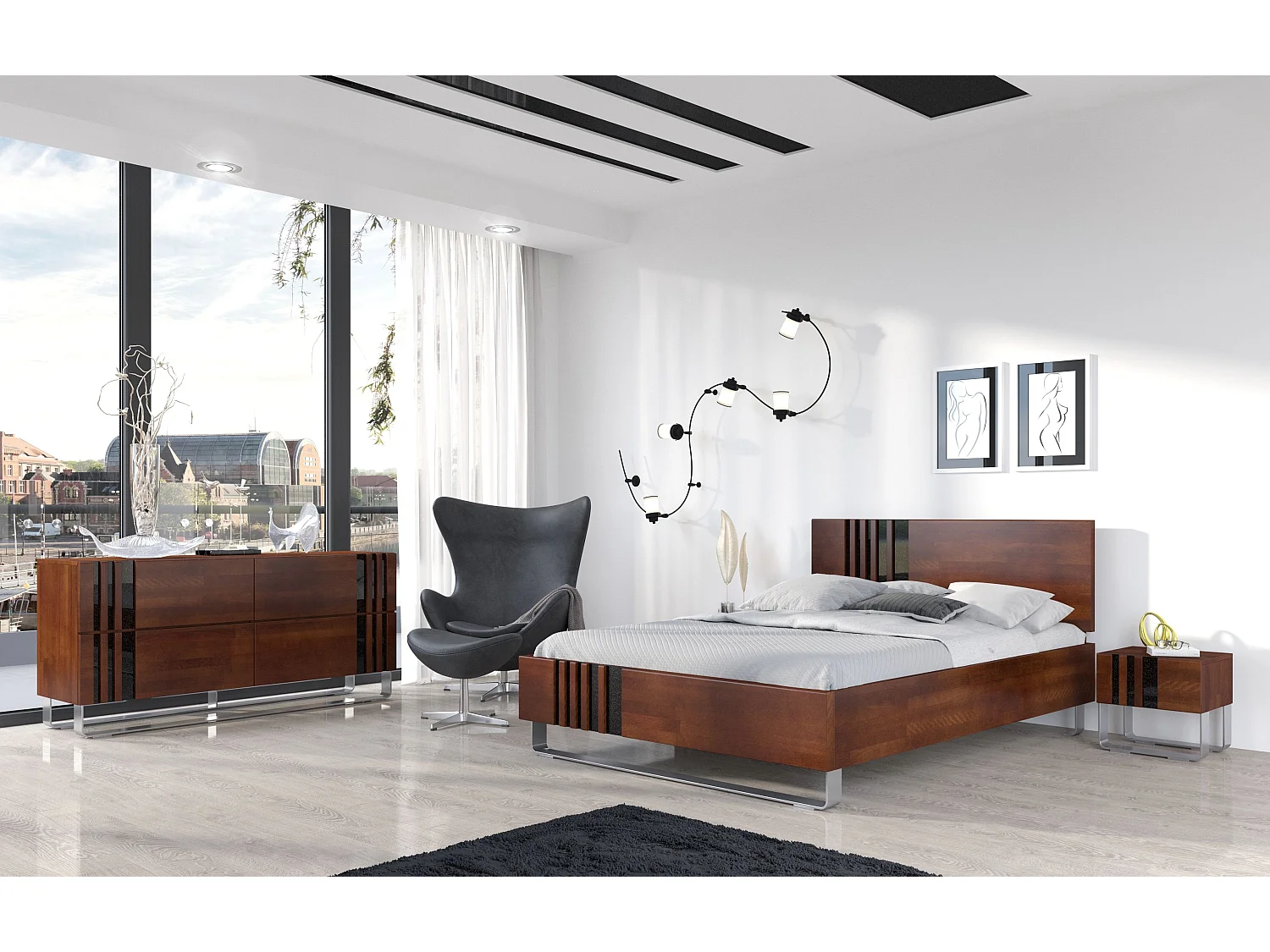 Massivholzbett Kielce mit metallfüßen, buche - lackiert, nussbaumfarbe, schwarz glas, 140x200