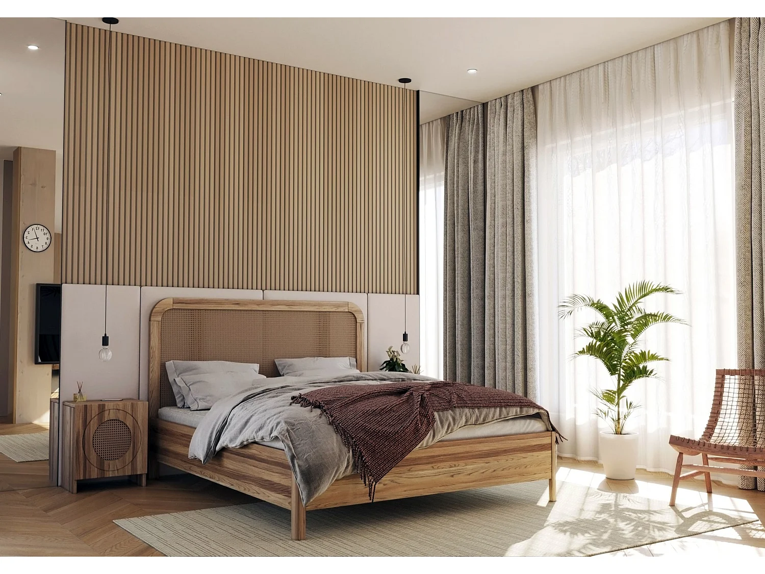 Massivholzbett Harmark, rattan - kopfteil, eiche antik - geölt, 180x200