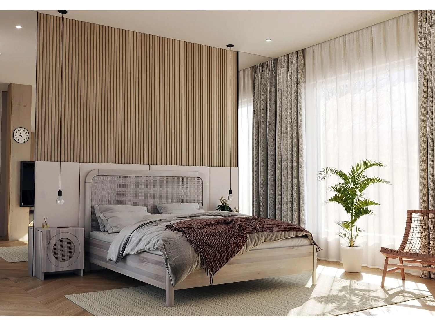 Massivholzbett Harmark, rattan - kopfteil, eiche gebleicht - geölt, 180x200