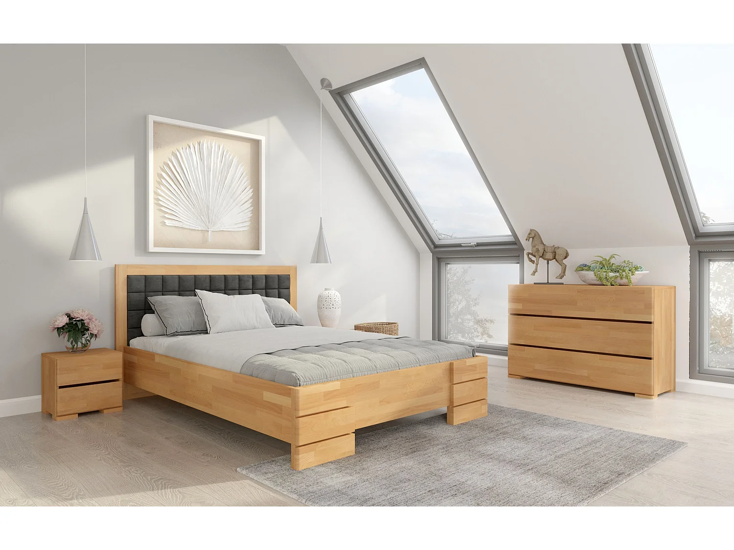 Massivholzbett Gotland, gepolstertes kopfteil, buche - lackiert, naturfarben-grau, 180x200