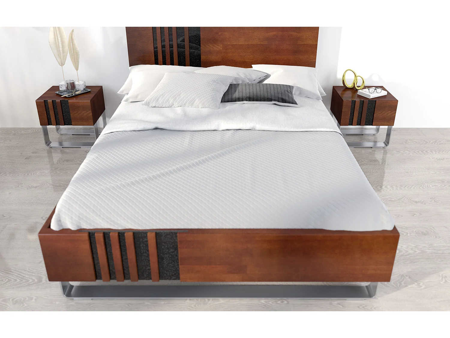 Massivholzbett Kielce mit metallfüßen, buche - lackiert, nussbaumfarbe, schwarz glas, 180x200