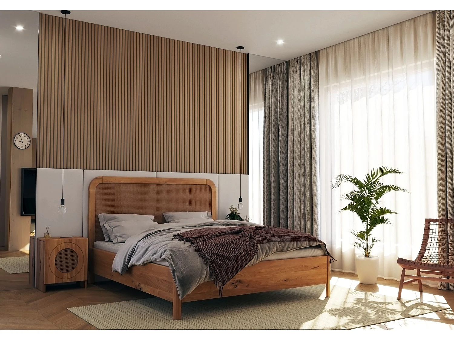 Massivholzbett Harmark, rattan - kopfteil, eiche - lackiert, naturfarben, 160x200