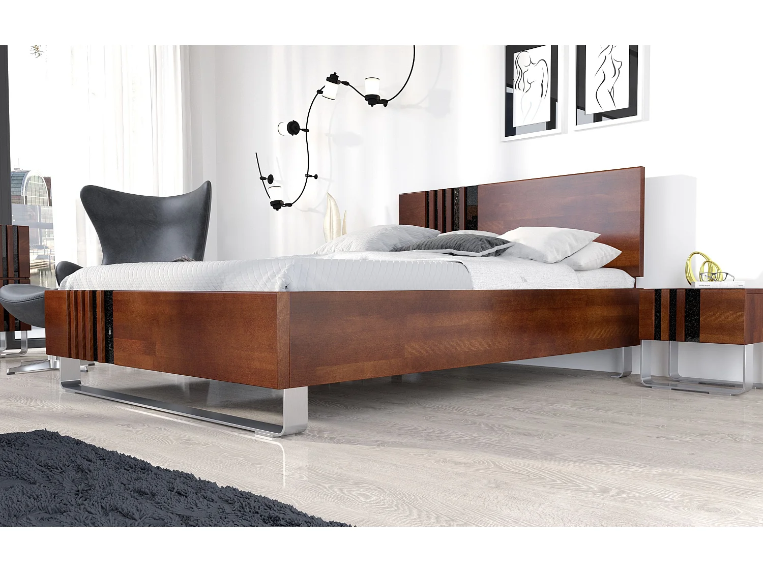 Massivholzbett Kielce mit metallfüßen, buche - lackiert, nussbaumfarbe, schwarz glas, 160x200