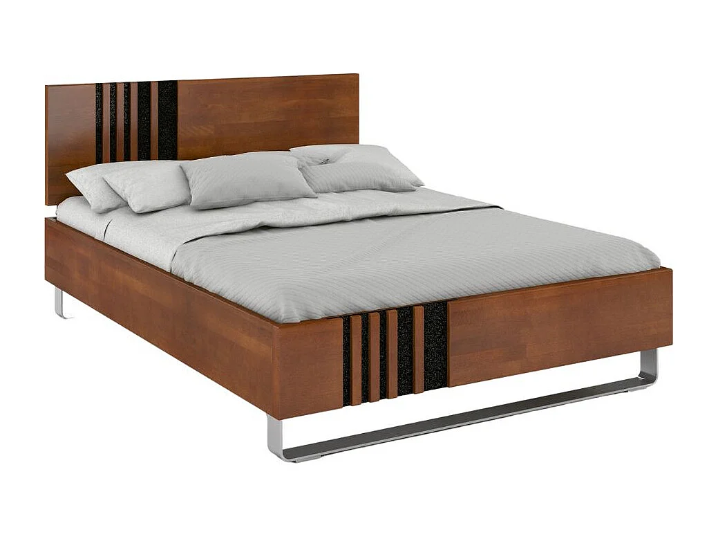 Massivholzbett Kielce mit metallfüßen, buche - lackiert, nussbaumfarbe, schwarz glas, 160x200