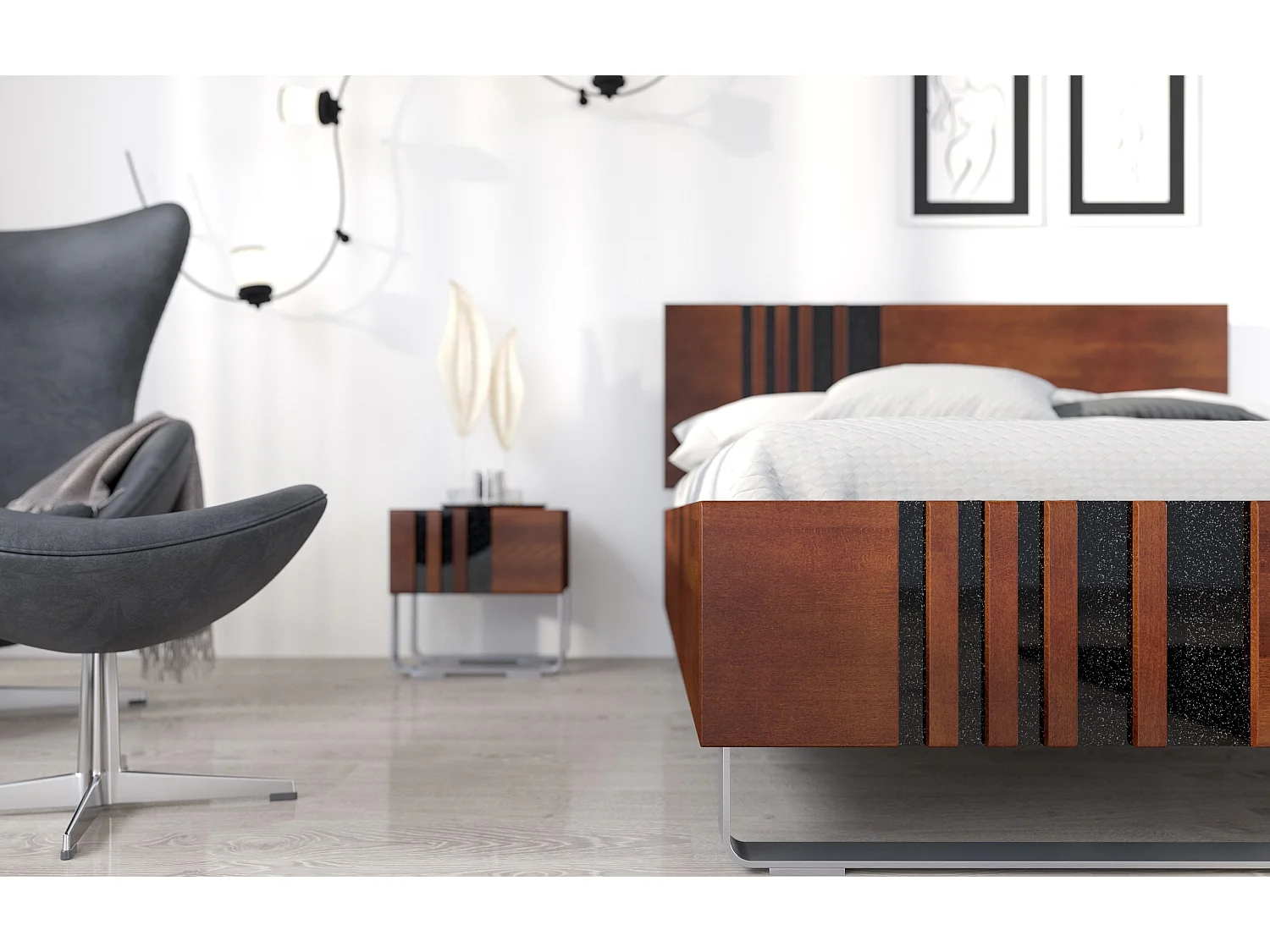 Massivholzbett Kielce mit metallfüßen, buche - lackiert, nussbaumfarbe, schwarz glas, 160x200