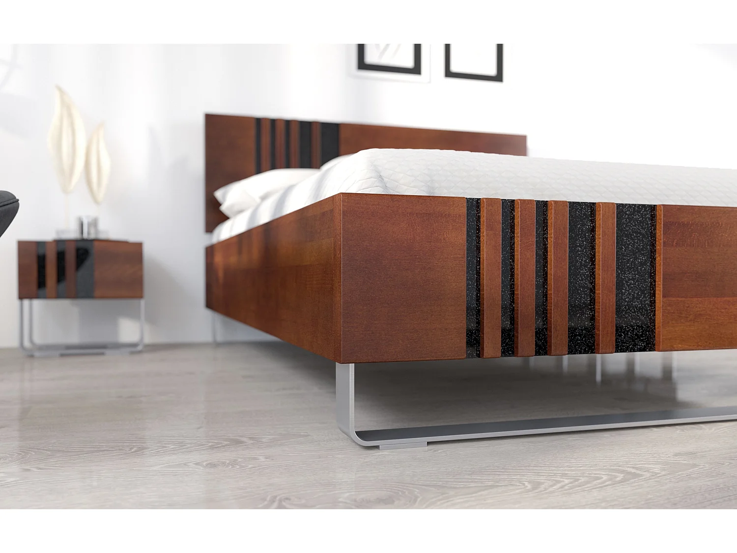 Massivholzbett Kielce mit metallfüßen, buche - lackiert, nussbaumfarbe, schwarz glas, 160x200