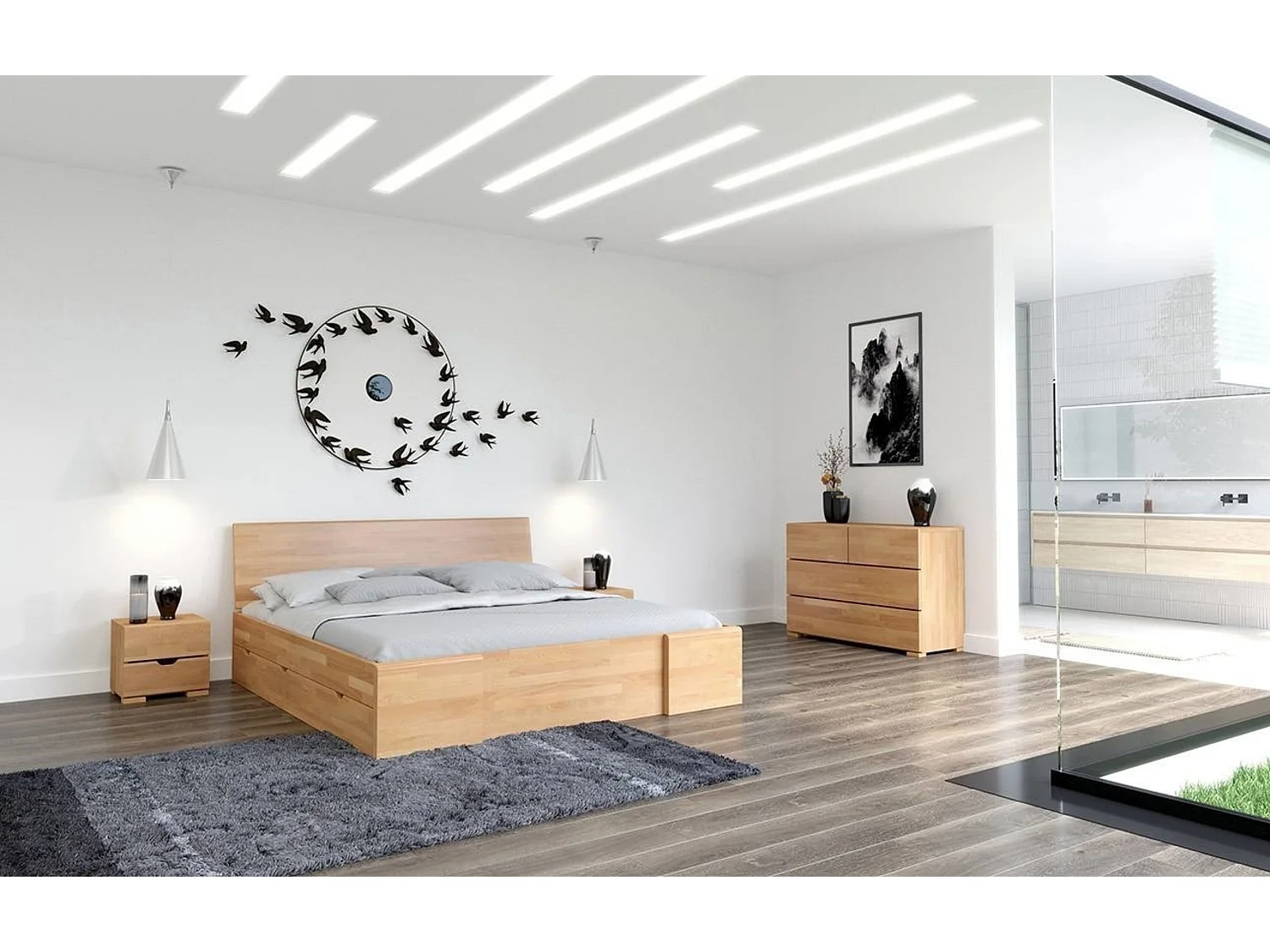 Massivholzbett Hessler mit schubladen, buche - lackiert, naturfarben, 180x200