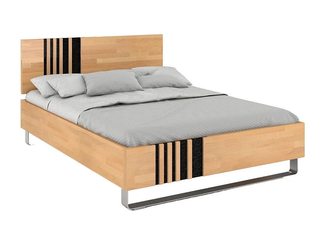 Massivholzbett Kielce mit metallfüßen, buche - lackiert, naturfarben, schwarz glas, 160x200