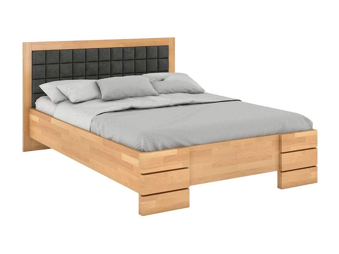Massivholzbett Gotland, gepolstertes kopfteil, buche - lackiert, naturfarben-grau, 140x200