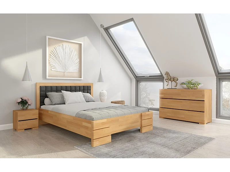 Massivholzbett Gotland, gepolstertes kopfteil, buche - lackiert, naturfarben-grau, 160x200