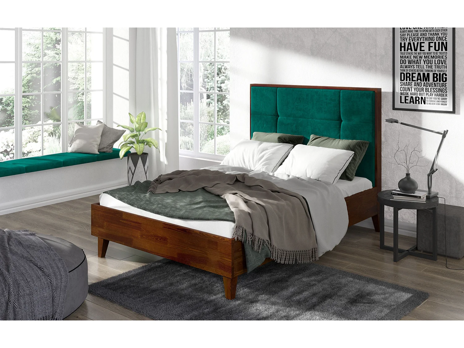 Massivholzbett Frida, gepolstertes kopfteil, kiefer - lackiert, nussbaumfarbe/grün, 160x200