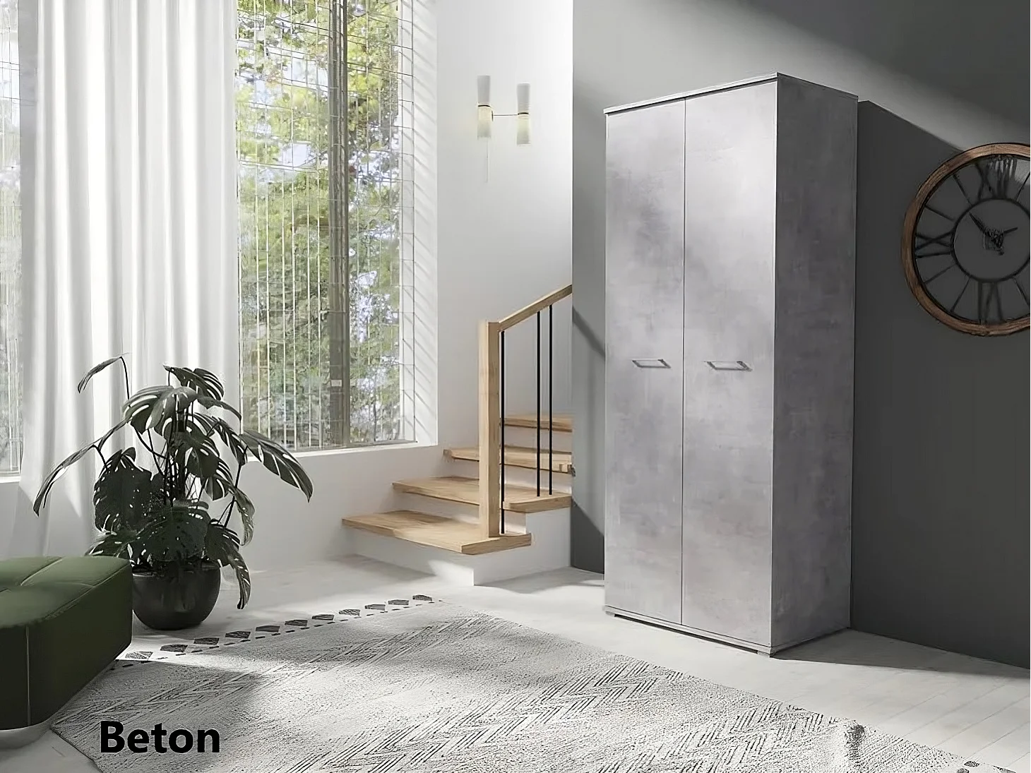 Kledingkast met twee deuren 80cm x 200cm BETON | Planken + Kleerhangerstang