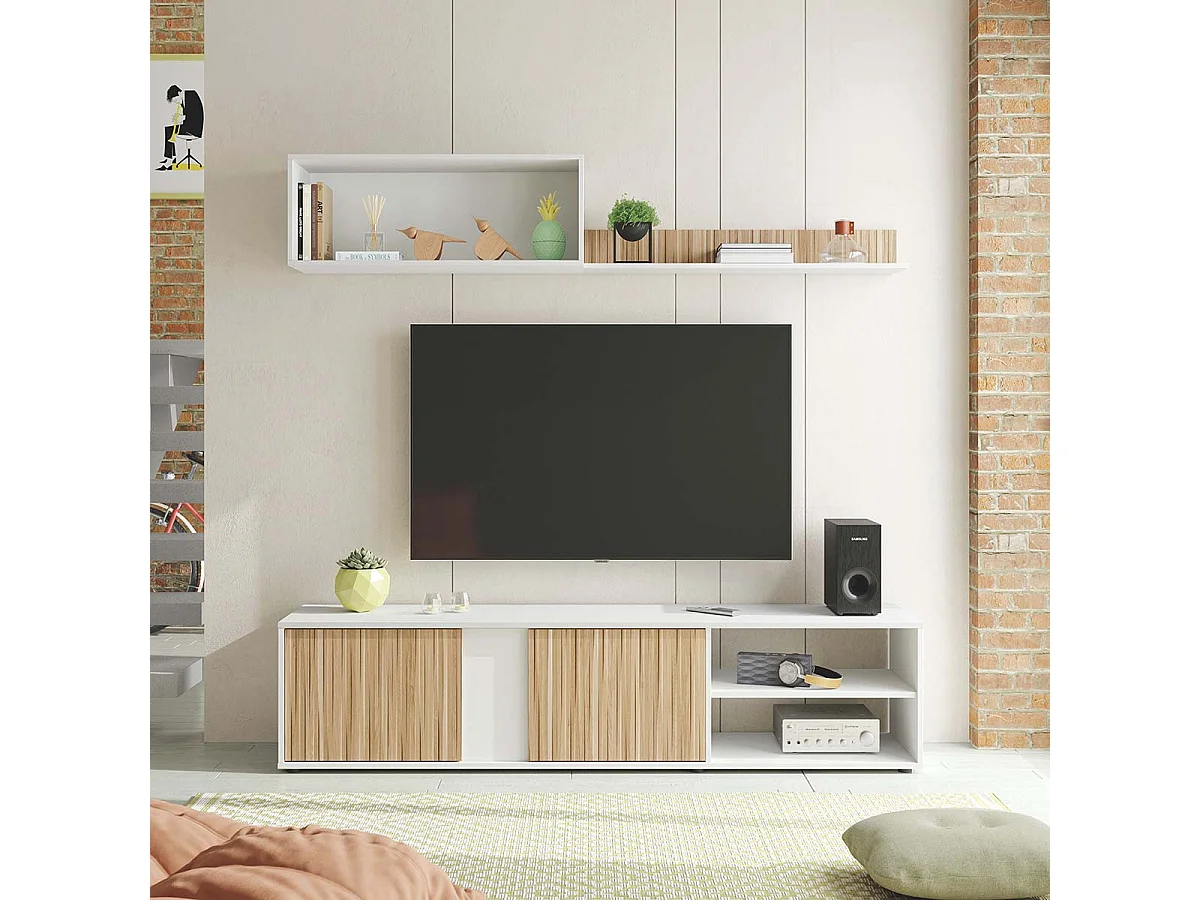 Ensemble de salon (meuble TV, 1 meubles haut, étagère murale) Meuble séjour coloris Blanc/chêne