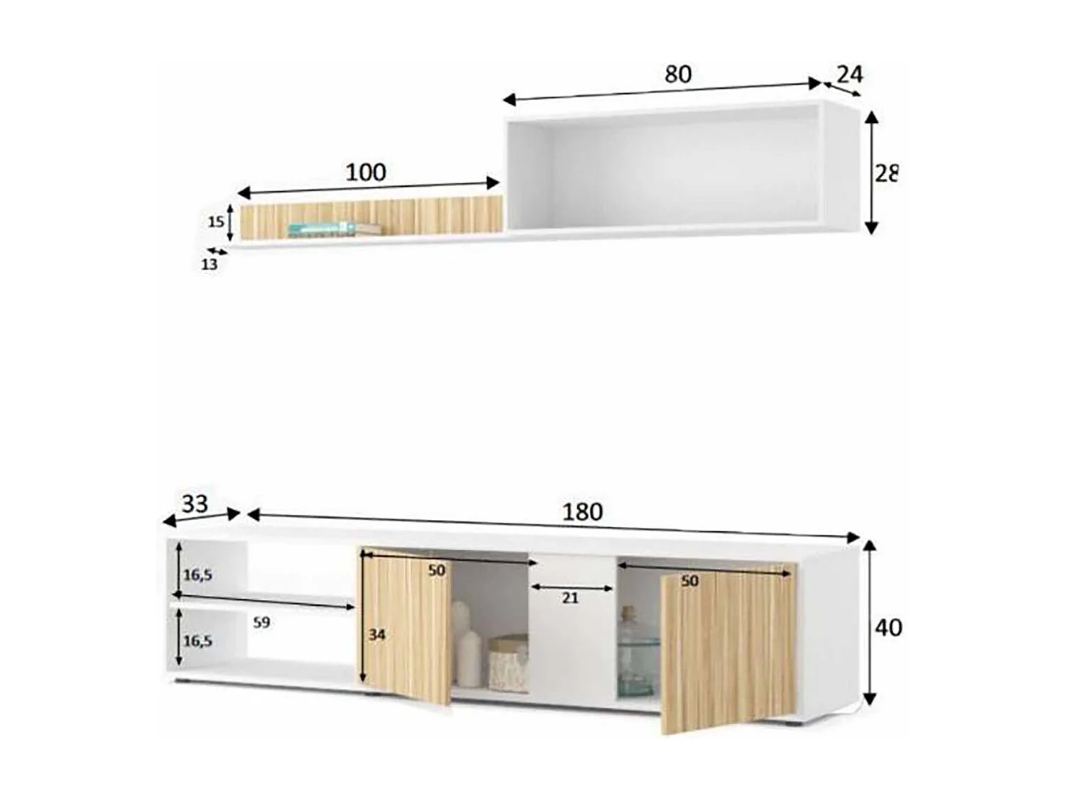 Ensemble de salon (meuble TV, 1 meubles haut, étagère murale) Meuble séjour coloris Blanc/chêne