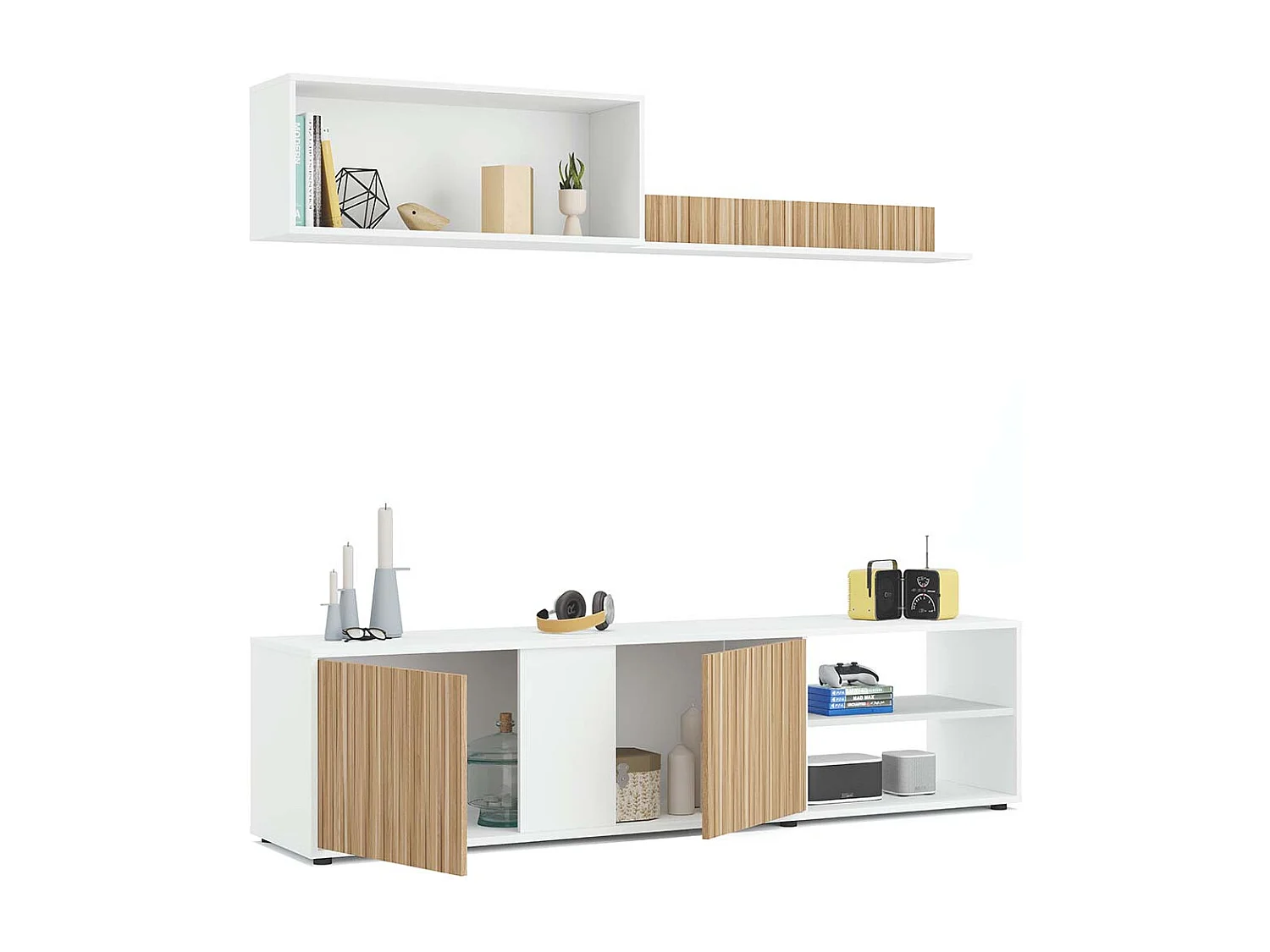 Ensemble de salon (meuble TV, 1 meubles haut, étagère murale) Meuble séjour coloris Blanc/chêne