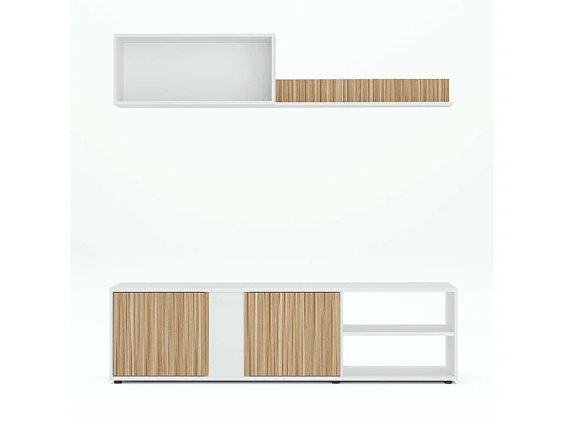 Ensemble de salon (meuble TV, 1 meubles haut, étagère murale) Meuble séjour coloris Blanc/chêne