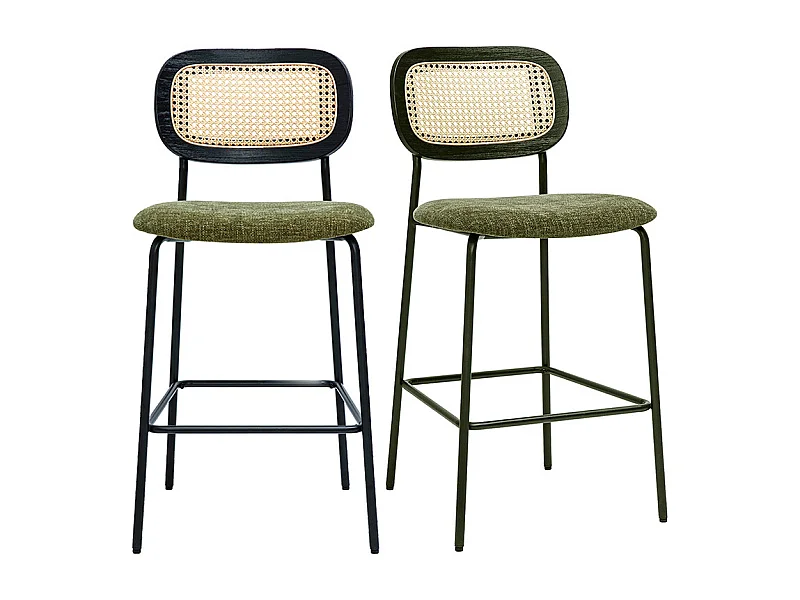 Taburetes de diseño en tela efecto terciopelo texturado verde caqui, metal negro y mimbre de ratán (juego de 2) MIRANDA