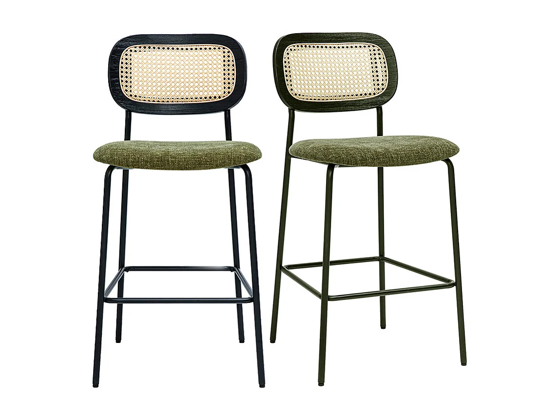 Tabourets design en tissu effet velours texturé vert kaki, métal noir et cannage rotin (lot de 2) MIRANDA