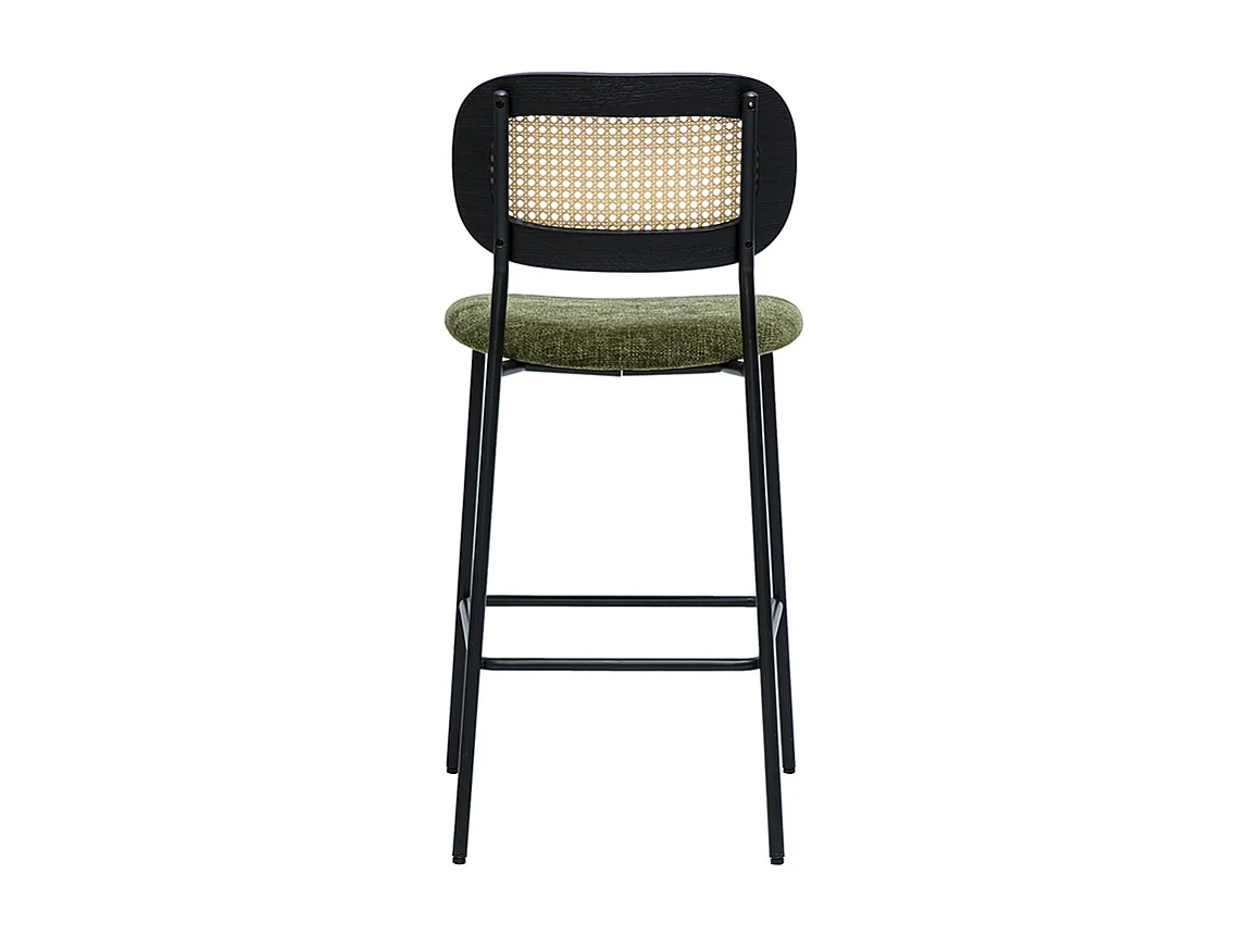Tabourets design en tissu effet velours texturé vert kaki, métal noir et cannage rotin (lot de 2) MIRANDA