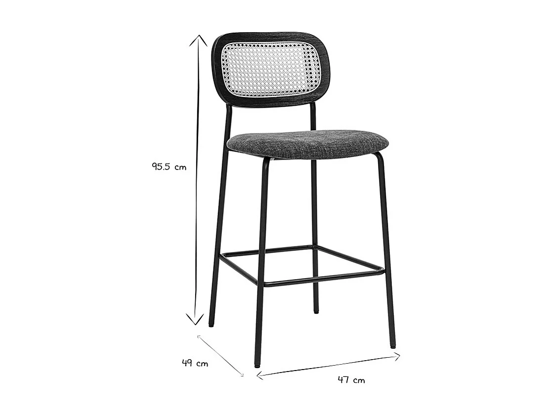 Tabourets design en tissu effet velours texturé vert kaki, métal noir et cannage rotin (lot de 2) MIRANDA