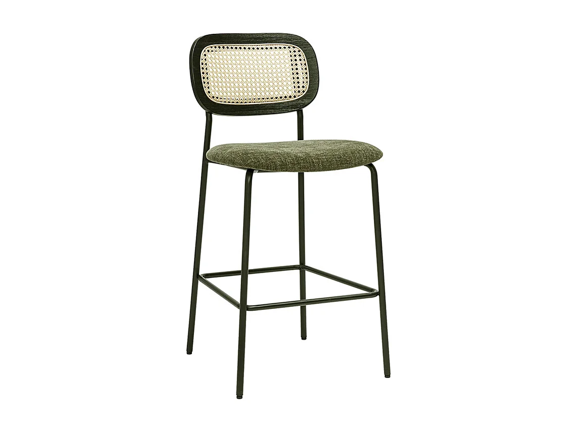 Samtiger Textil-Barhocker in Kaki-Grün, Schwarzes Metall und Rattan-Geflecht (2er-Set) MIRANDA