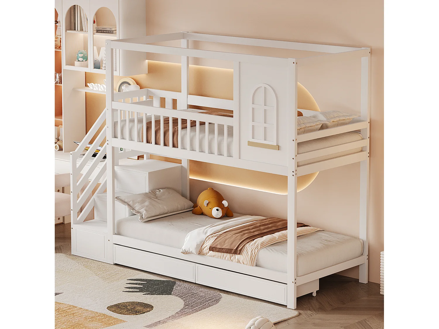 Lit superposé enfant 90x200cm avec 2 tiroirs et escalier de rangement - Lit cabane - blanc