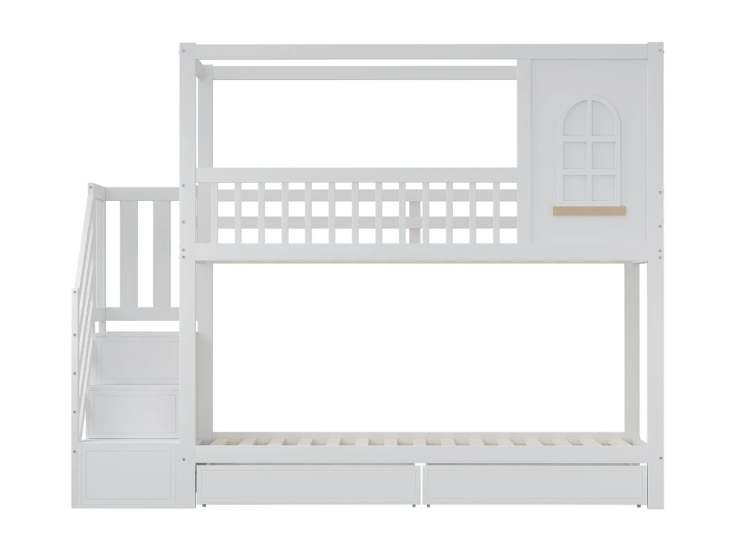 Lit superposé enfant 90x200cm avec 2 tiroirs et escalier de rangement - Lit cabane - blanc