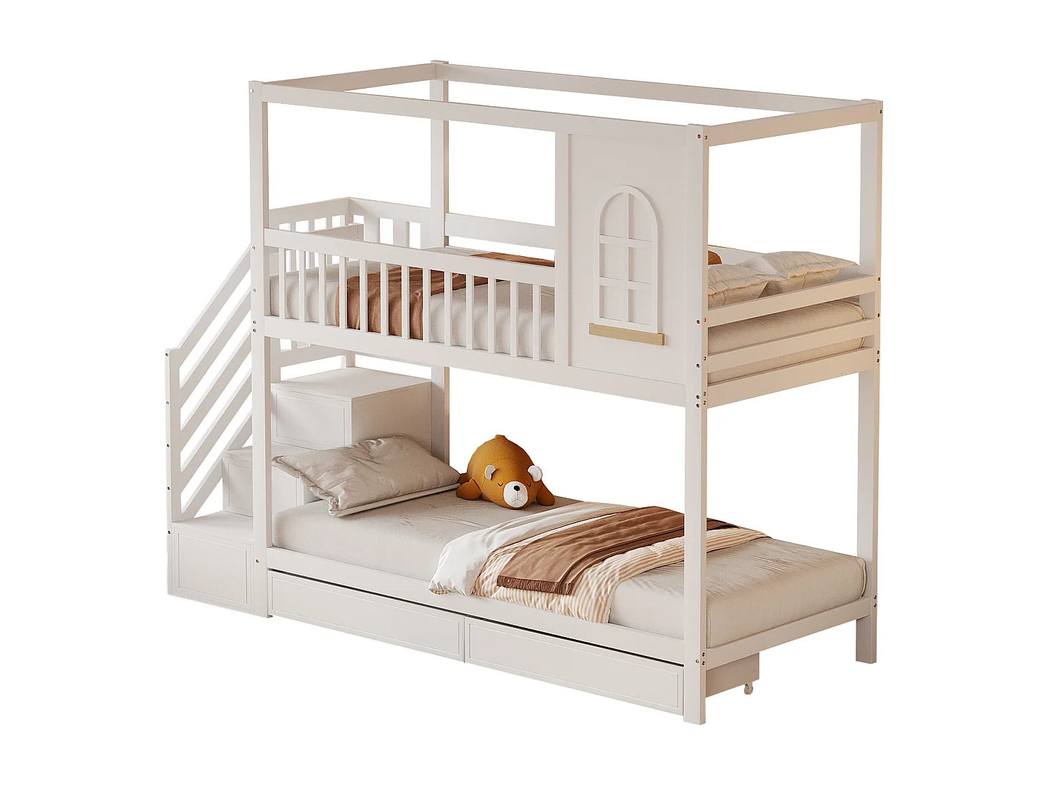 Lit superposé enfant 90x200cm avec 2 tiroirs et escalier de rangement - Lit cabane - blanc