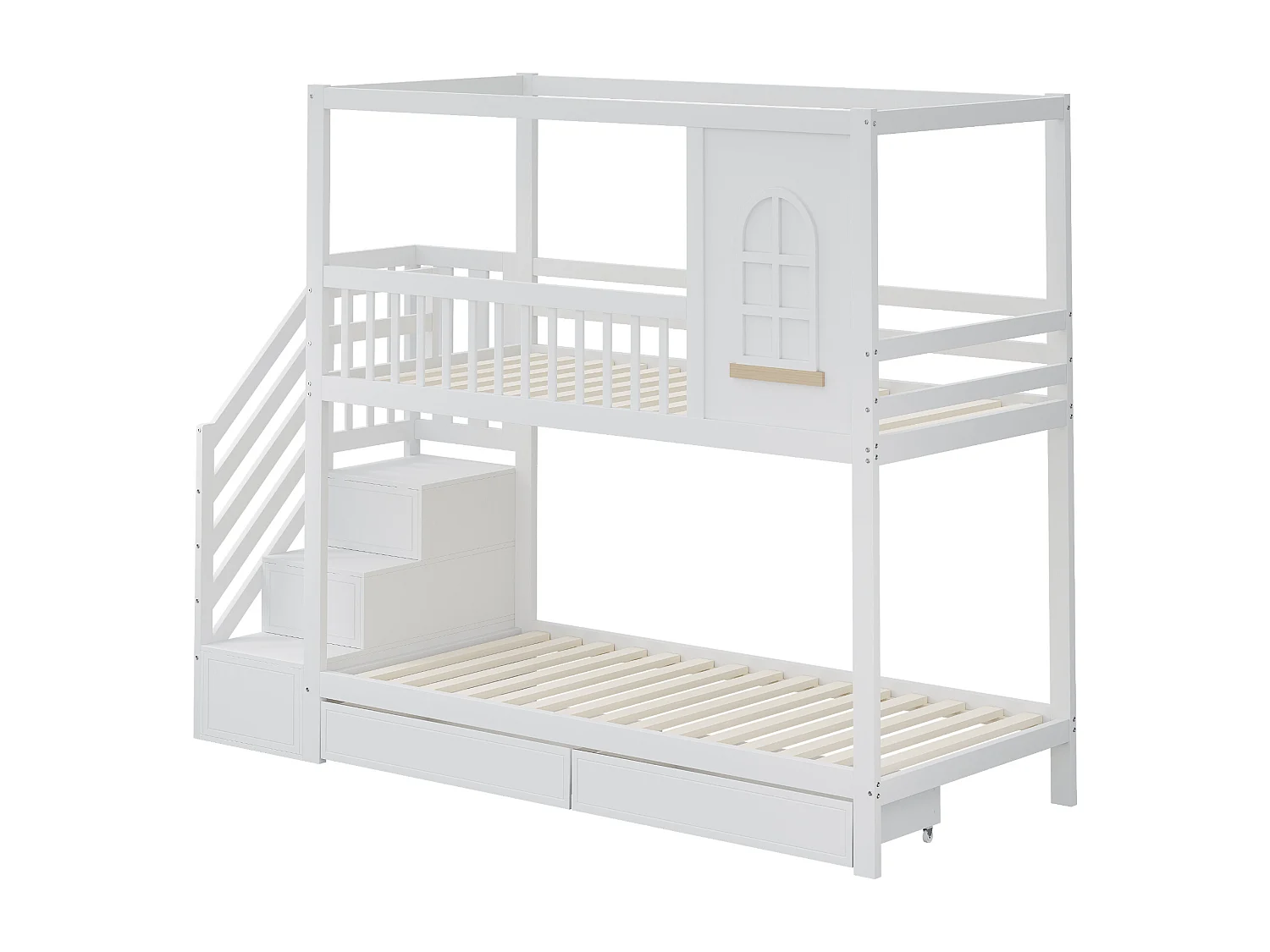 Lit superposé enfant 90x200cm avec 2 tiroirs et escalier de rangement - Lit cabane - blanc
