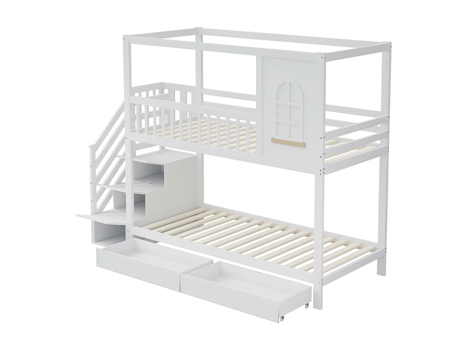 Lit superposé enfant 90x200cm avec 2 tiroirs et escalier de rangement - Lit cabane - blanc