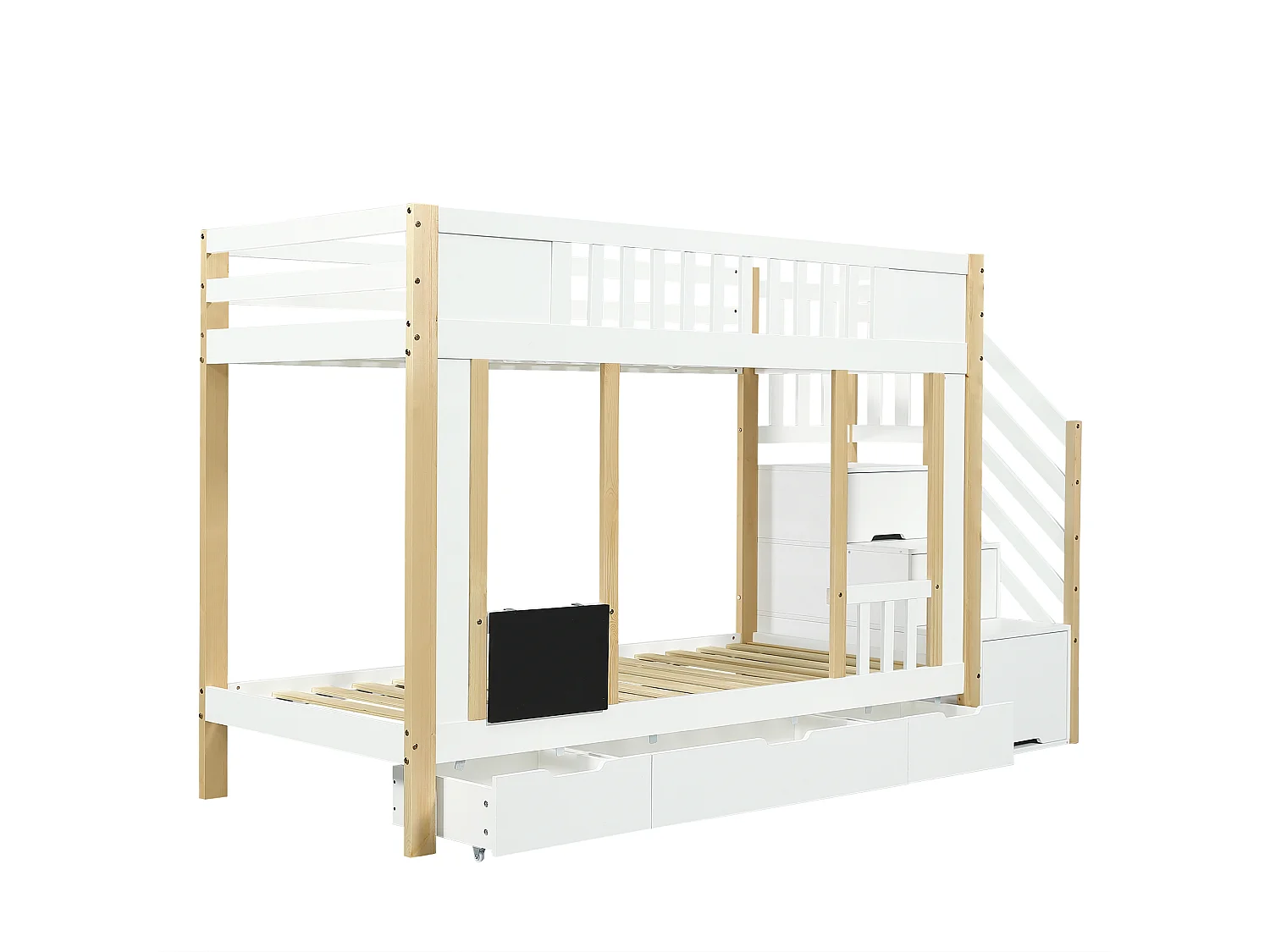 Litera infantil de 90x200 cm con 3 cajones, escalera con almacenaje y pizarra - Tablero de partículas + MDF - Blanco + natural