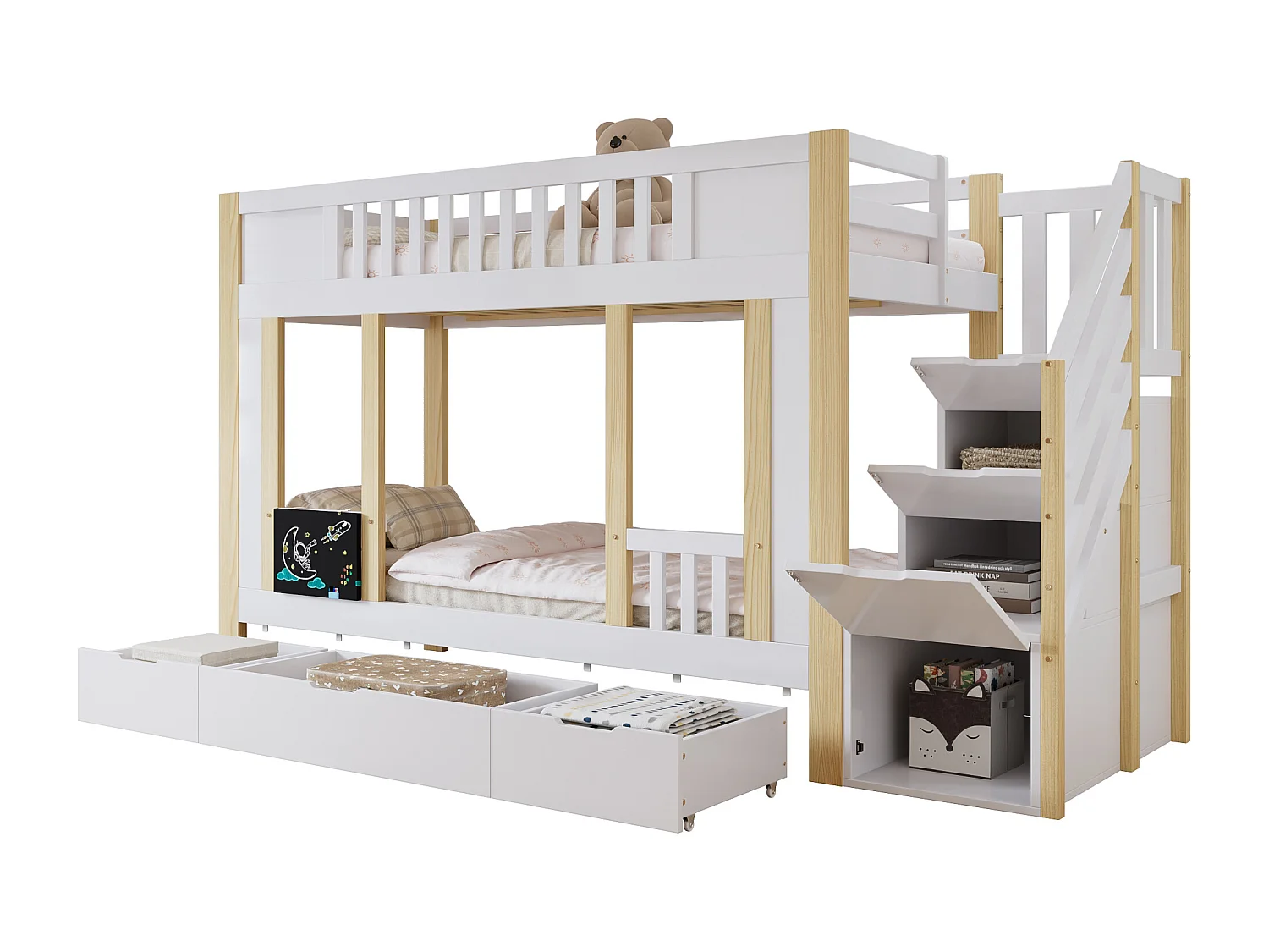 Litera infantil de 90x200 cm con 3 cajones, escalera con almacenaje y pizarra - Tablero de partículas + MDF - Blanco + natural