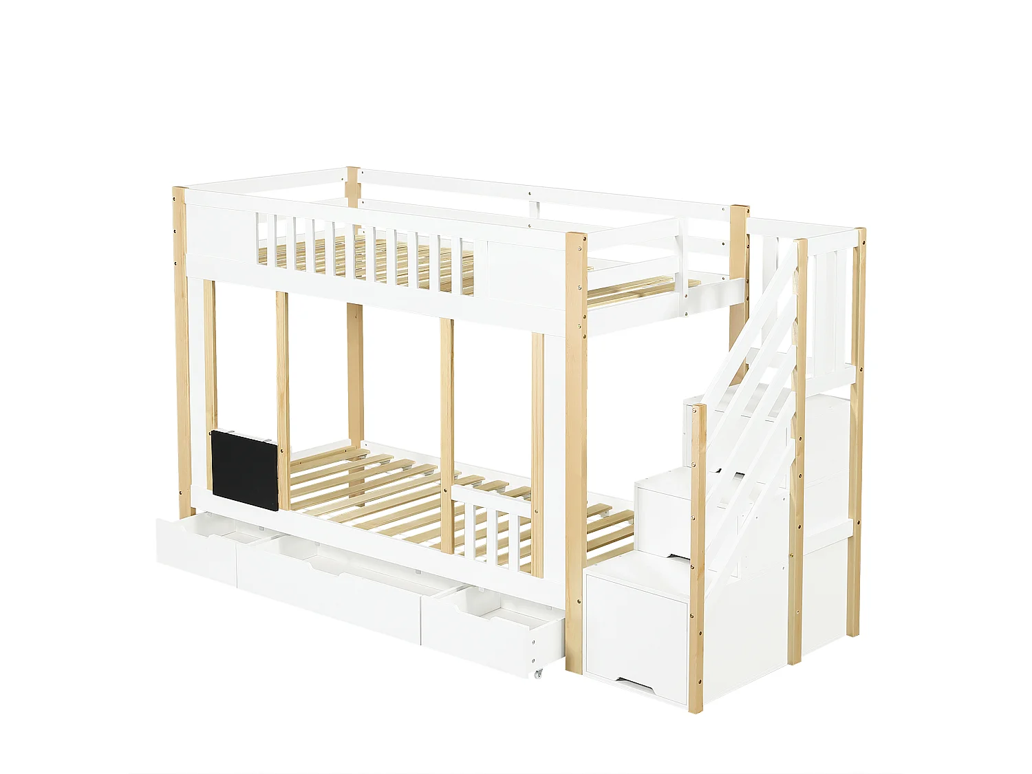 Lit superposé enfant 90x200cm avec 3 tiroirs , escalier de rangement et tableau noir - PB+MDF - Blanc +naturel