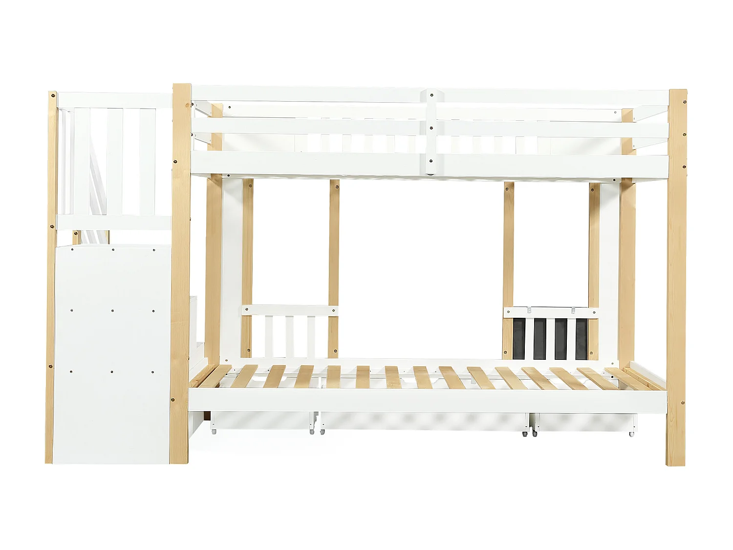 Lit superposé enfant 90x200cm avec 3 tiroirs , escalier de rangement et tableau noir - PB+MDF - Blanc +naturel
