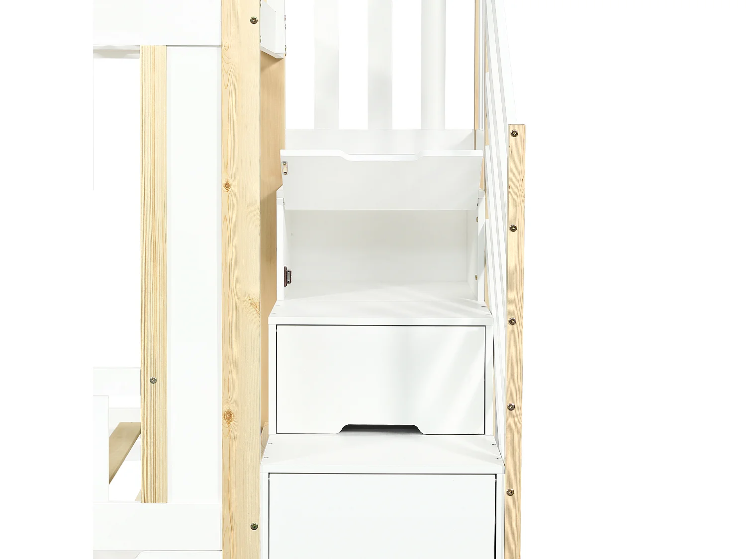 Lit superposé enfant 90x200cm avec 3 tiroirs , escalier de rangement et tableau noir - PB+MDF - Blanc +naturel