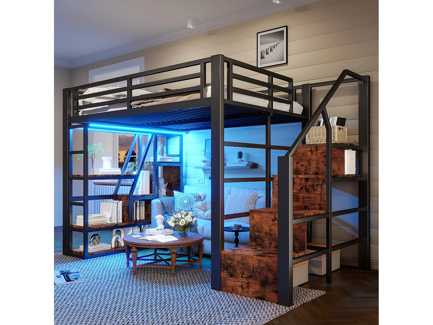 Lit mezzanine enfant 140 x 200 cm avec LED, rangement et escalier - MDF + métal -Noir